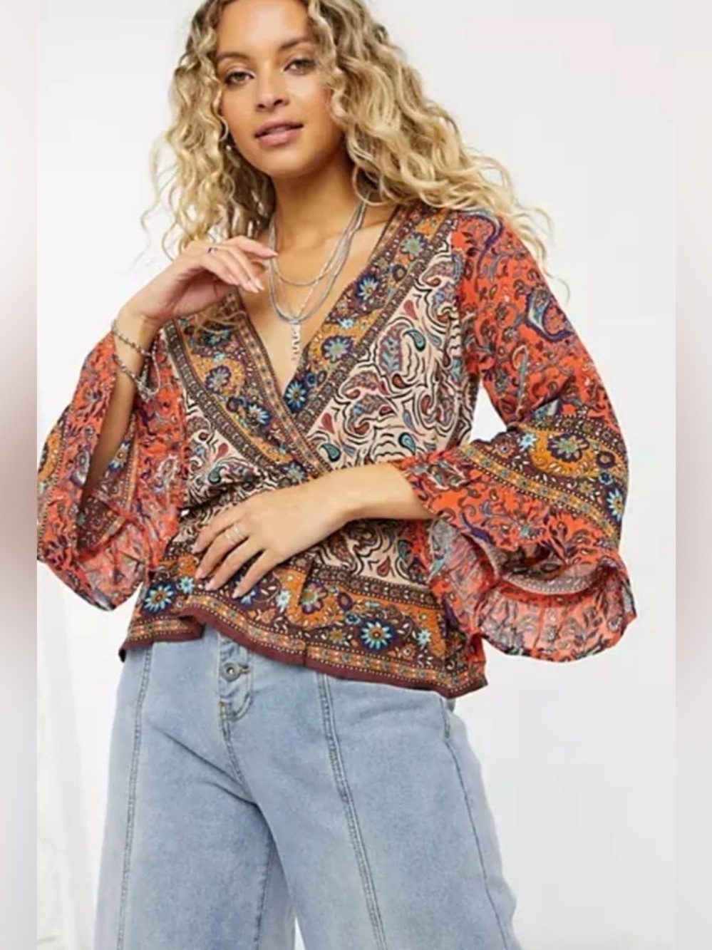 FREE PEOPLE Rosalie Wrap Top V-Neck Peplum Multi Bohemian Paisley Women's M